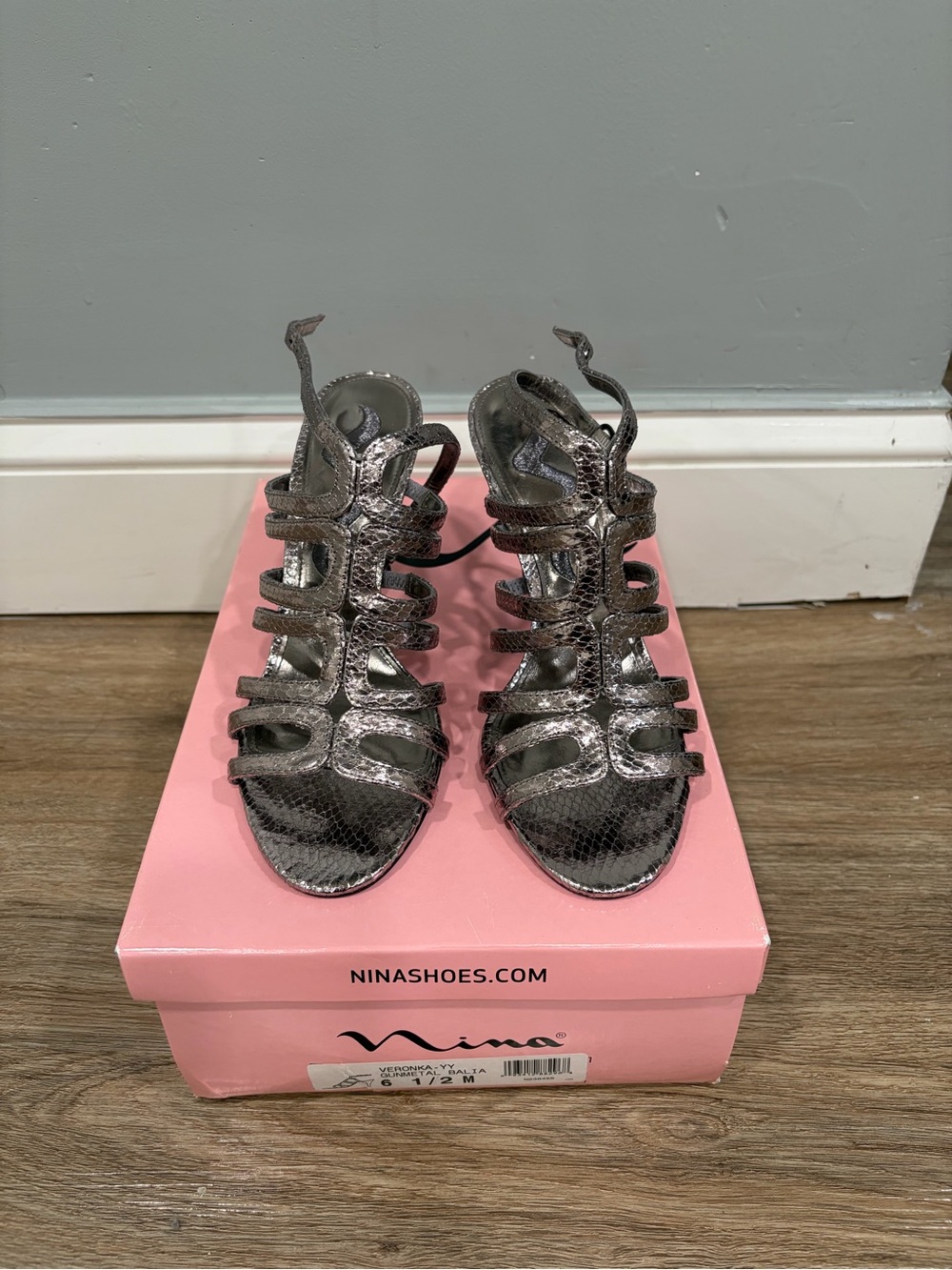 Nina Metallic Snake-Print Strappy Sandals - Silver